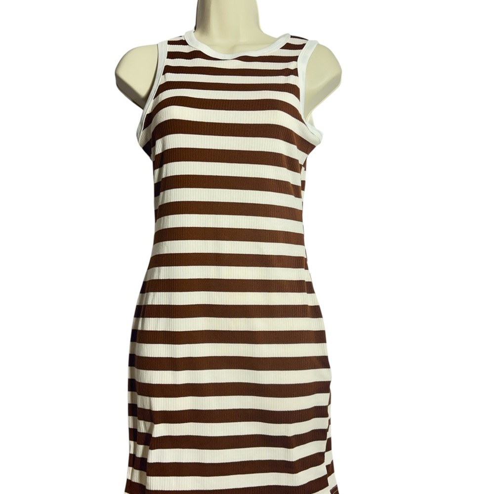 Striped Ribbed Tank Dress in Brown and White